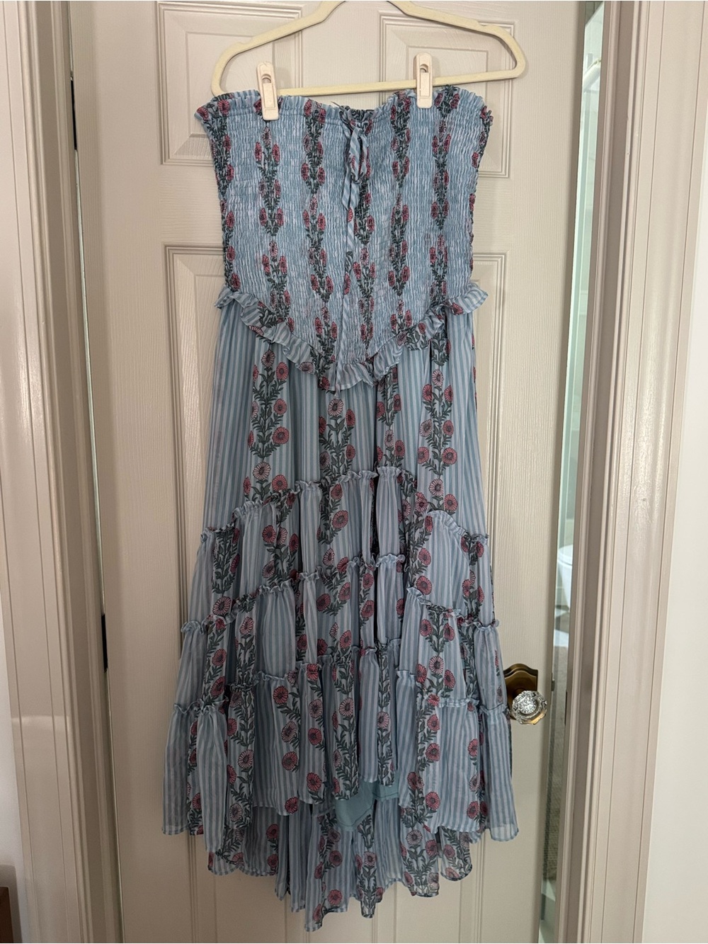 Free People Floral Striped Smocked Maxi Dress XXL Blue Pink